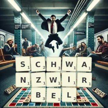 Kreative Illustration für ein Scrabble-Spiel, bei dem das Wort SCHWANZWIRBEL mit Steinen auf dem Brett gelegt wurde.