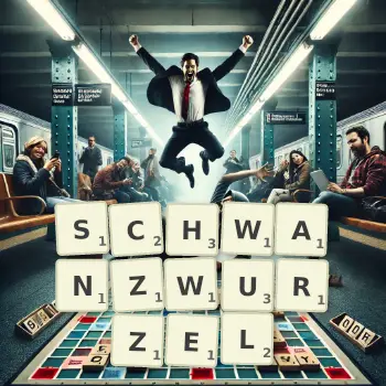 Kreative Illustration für ein Scrabble-Spiel, bei dem das Wort SCHWANZWURZEL mit Steinen auf dem Brett gelegt wurde.