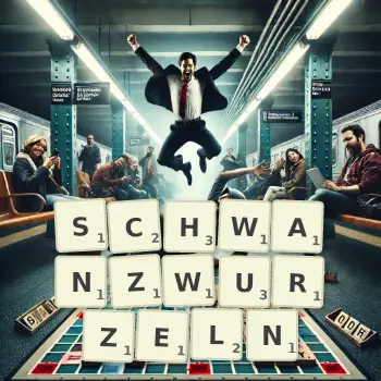 Kreative Illustration für ein Scrabble-Spiel, bei dem das Wort SCHWANZWURZELN mit Steinen auf dem Brett gelegt wurde.