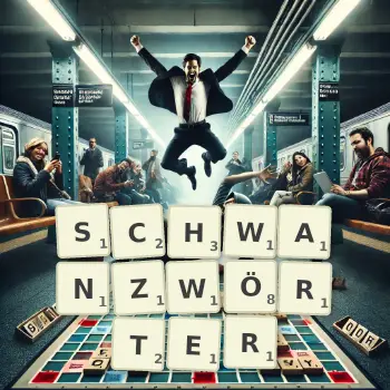 Kreative Illustration für ein Scrabble-Spiel, bei dem das Wort SCHWANZWÖRTER mit Steinen auf dem Brett gelegt wurde.