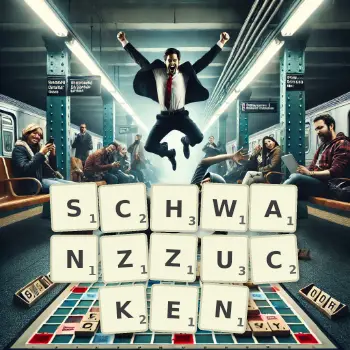 Kreative Illustration für ein Scrabble-Spiel, bei dem das Wort SCHWANZZUCKEN mit Steinen auf dem Brett gelegt wurde.