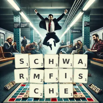 Kreative Illustration für ein Scrabble-Spiel, bei dem das Wort SCHWARMFISCHE mit Steinen auf dem Brett gelegt wurde.