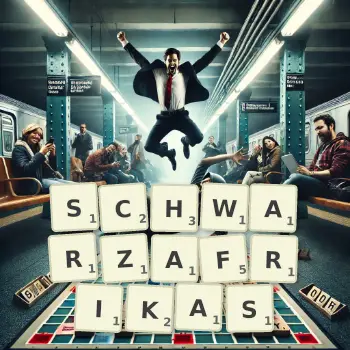 Kreative Illustration für ein Scrabble-Spiel, bei dem das Wort SCHWARZAFRIKAS mit Steinen auf dem Brett gelegt wurde.