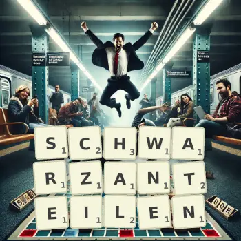 Kreative Illustration für ein Scrabble-Spiel, bei dem das Wort SCHWARZANTEILEN mit Steinen auf dem Brett gelegt wurde.