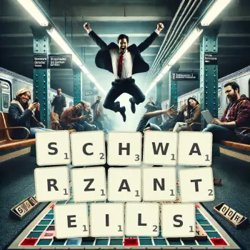 Kreative Illustration für ein Scrabble-Spiel, bei dem das Wort SCHWARZANTEILS mit Steinen auf dem Brett gelegt wurde.