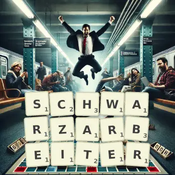Kreative Illustration für ein Scrabble-Spiel, bei dem das Wort SCHWARZARBEITER mit Steinen auf dem Brett gelegt wurde.
