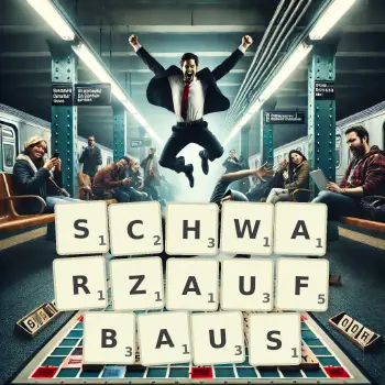 Kreative Illustration für ein Scrabble-Spiel, bei dem das Wort SCHWARZAUFBAUS mit Steinen auf dem Brett gelegt wurde.