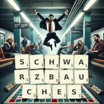 Kreative Illustration für ein Scrabble-Spiel, bei dem das Wort SCHWARZBAUCHES mit Steinen auf dem Brett gelegt wurde.