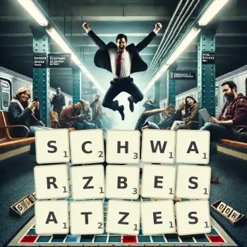 Kreative Illustration für ein Scrabble-Spiel, bei dem das Wort SCHWARZBESATZES mit Steinen auf dem Brett gelegt wurde.