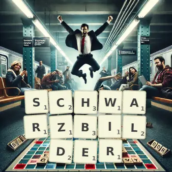 Kreative Illustration für ein Scrabble-Spiel, bei dem das Wort SCHWARZBILDER mit Steinen auf dem Brett gelegt wurde.