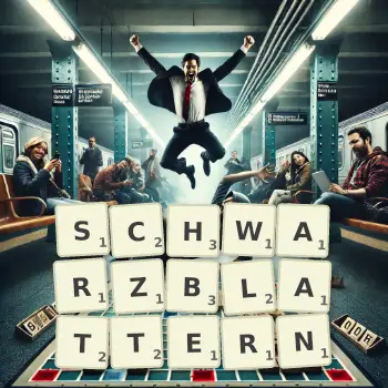 Kreative Illustration für ein Scrabble-Spiel, bei dem das Wort SCHWARZBLATTERN mit Steinen auf dem Brett gelegt wurde.