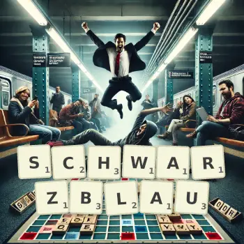 Kreative Illustration für ein Scrabble-Spiel, bei dem das Wort SCHWARZBLAU mit Steinen auf dem Brett gelegt wurde.