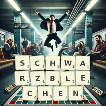 Kreative Illustration für ein Scrabble-Spiel, bei dem das Wort SCHWARZBLECHEN mit Steinen auf dem Brett gelegt wurde.