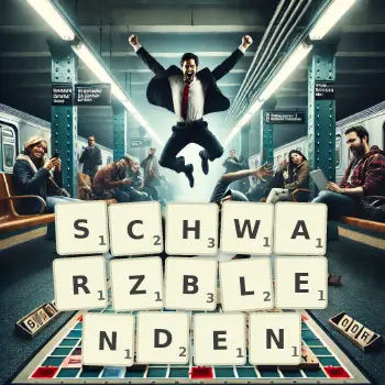Kreative Illustration für ein Scrabble-Spiel, bei dem das Wort SCHWARZBLENDEN mit Steinen auf dem Brett gelegt wurde.
