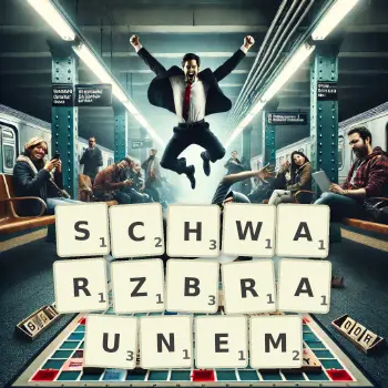 Kreative Illustration für ein Scrabble-Spiel, bei dem das Wort SCHWARZBRAUNEM mit Steinen auf dem Brett gelegt wurde.