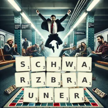 Kreative Illustration für ein Scrabble-Spiel, bei dem das Wort SCHWARZBRAUNER mit Steinen auf dem Brett gelegt wurde.