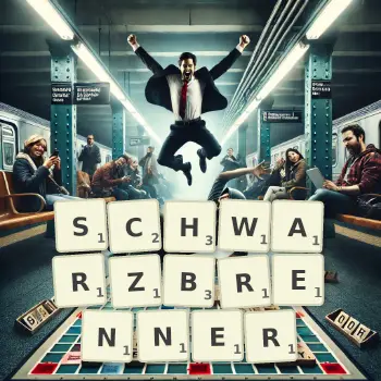 Kreative Illustration für ein Scrabble-Spiel, bei dem das Wort SCHWARZBRENNER mit Steinen auf dem Brett gelegt wurde.