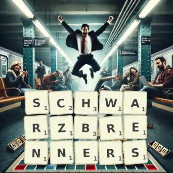 Kreative Illustration für ein Scrabble-Spiel, bei dem das Wort SCHWARZBRENNERS mit Steinen auf dem Brett gelegt wurde.