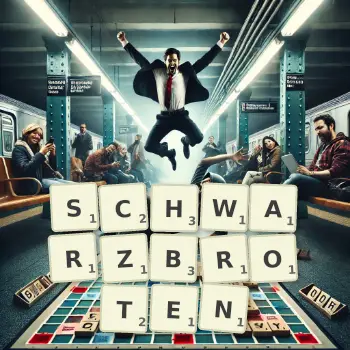 Kreative Illustration für ein Scrabble-Spiel, bei dem das Wort SCHWARZBROTEN mit Steinen auf dem Brett gelegt wurde.