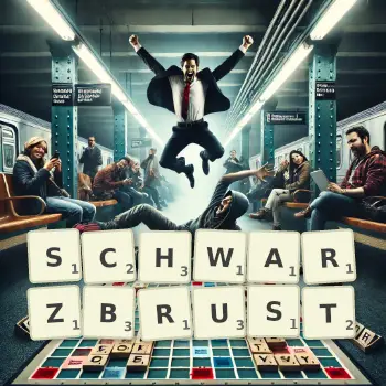 Kreative Illustration für ein Scrabble-Spiel, bei dem das Wort SCHWARZBRUST mit Steinen auf dem Brett gelegt wurde.