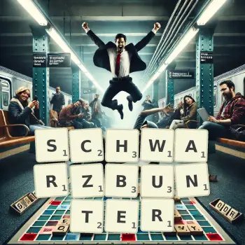 Kreative Illustration für ein Scrabble-Spiel, bei dem das Wort SCHWARZBUNTER mit Steinen auf dem Brett gelegt wurde.