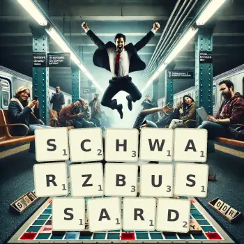 Kreative Illustration für ein Scrabble-Spiel, bei dem das Wort SCHWARZBUSSARD mit Steinen auf dem Brett gelegt wurde.