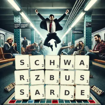 Kreative Illustration für ein Scrabble-Spiel, bei dem das Wort SCHWARZBUSSARDE mit Steinen auf dem Brett gelegt wurde.