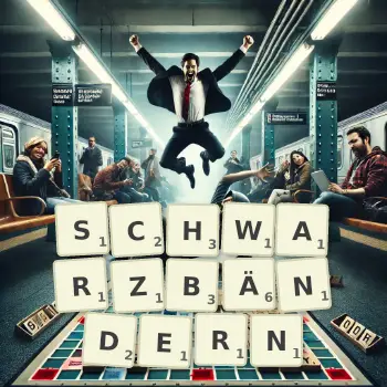 Kreative Illustration für ein Scrabble-Spiel, bei dem das Wort SCHWARZBÄNDERN mit Steinen auf dem Brett gelegt wurde.