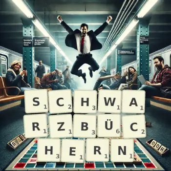 Kreative Illustration für ein Scrabble-Spiel, bei dem das Wort SCHWARZBÜCHERN mit Steinen auf dem Brett gelegt wurde.