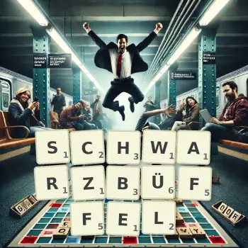Kreative Illustration für ein Scrabble-Spiel, bei dem das Wort SCHWARZBÜFFEL mit Steinen auf dem Brett gelegt wurde.