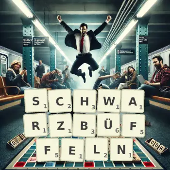 Kreative Illustration für ein Scrabble-Spiel, bei dem das Wort SCHWARZBÜFFELN mit Steinen auf dem Brett gelegt wurde.