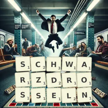 Kreative Illustration für ein Scrabble-Spiel, bei dem das Wort SCHWARZDROSSELN mit Steinen auf dem Brett gelegt wurde.