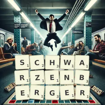 Kreative Illustration für ein Scrabble-Spiel, bei dem das Wort SCHWARZENBERGER mit Steinen auf dem Brett gelegt wurde.