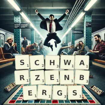 Kreative Illustration für ein Scrabble-Spiel, bei dem das Wort SCHWARZENBERGS mit Steinen auf dem Brett gelegt wurde.