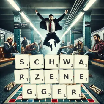 Kreative Illustration für ein Scrabble-Spiel, bei dem das Wort SCHWARZENEGGER mit Steinen auf dem Brett gelegt wurde.