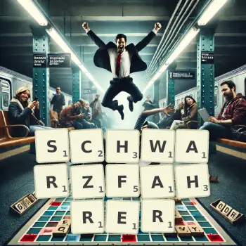 Kreative Illustration für ein Scrabble-Spiel, bei dem das Wort SCHWARZFAHRER mit Steinen auf dem Brett gelegt wurde.