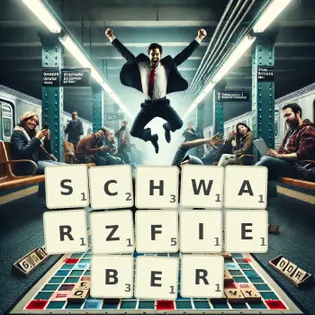 Kreative Illustration für ein Scrabble-Spiel, bei dem das Wort SCHWARZFIEBER mit Steinen auf dem Brett gelegt wurde.