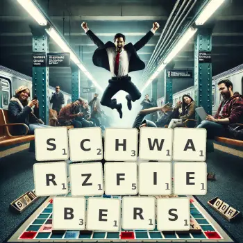Kreative Illustration für ein Scrabble-Spiel, bei dem das Wort SCHWARZFIEBERS mit Steinen auf dem Brett gelegt wurde.