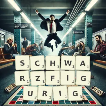 Kreative Illustration für ein Scrabble-Spiel, bei dem das Wort SCHWARZFIGURIG mit Steinen auf dem Brett gelegt wurde.