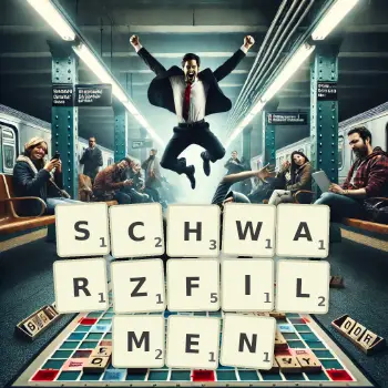 Kreative Illustration für ein Scrabble-Spiel, bei dem das Wort SCHWARZFILMEN mit Steinen auf dem Brett gelegt wurde.