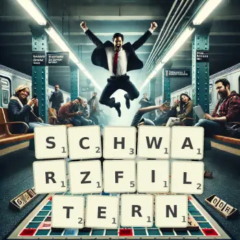 Kreative Illustration für ein Scrabble-Spiel, bei dem das Wort SCHWARZFILTERN mit Steinen auf dem Brett gelegt wurde.
