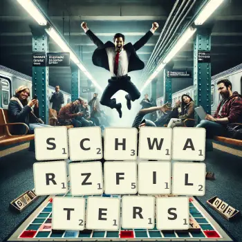 Kreative Illustration für ein Scrabble-Spiel, bei dem das Wort SCHWARZFILTERS mit Steinen auf dem Brett gelegt wurde.