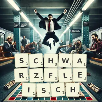 Kreative Illustration für ein Scrabble-Spiel, bei dem das Wort SCHWARZFLEISCH mit Steinen auf dem Brett gelegt wurde.