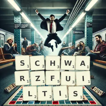Kreative Illustration für ein Scrabble-Spiel, bei dem das Wort SCHWARZFUILTIS mit Steinen auf dem Brett gelegt wurde.