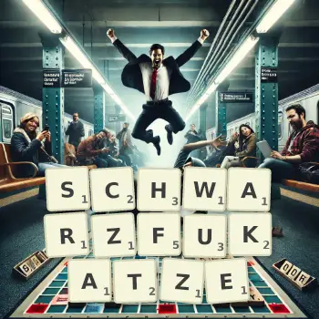 Kreative Illustration für ein Scrabble-Spiel, bei dem das Wort SCHWARZFUKATZE mit Steinen auf dem Brett gelegt wurde.
