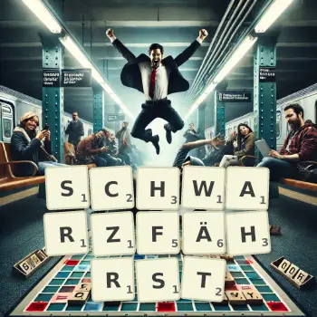 Kreative Illustration für ein Scrabble-Spiel, bei dem das Wort SCHWARZFÄHRST mit Steinen auf dem Brett gelegt wurde.