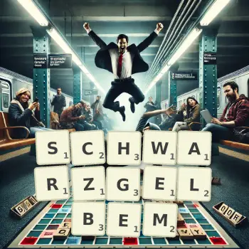 Kreative Illustration für ein Scrabble-Spiel, bei dem das Wort SCHWARZGELBEM mit Steinen auf dem Brett gelegt wurde.