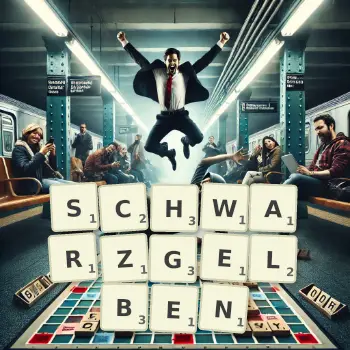 Kreative Illustration für ein Scrabble-Spiel, bei dem das Wort SCHWARZGELBEN mit Steinen auf dem Brett gelegt wurde.