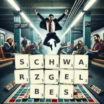 Kreative Illustration für ein Scrabble-Spiel, bei dem das Wort SCHWARZGELBES mit Steinen auf dem Brett gelegt wurde.