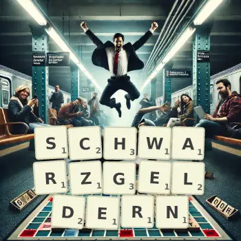 Kreative Illustration für ein Scrabble-Spiel, bei dem das Wort SCHWARZGELDERN mit Steinen auf dem Brett gelegt wurde.